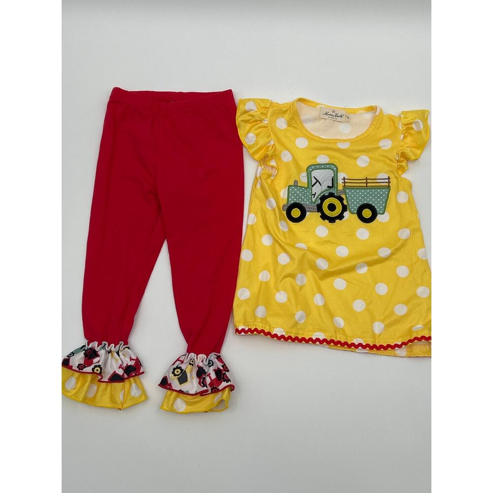 Marie Nicole Clothing 2T Tractor Polka Dot Ruffle Outfit Set Yellow Red Girls